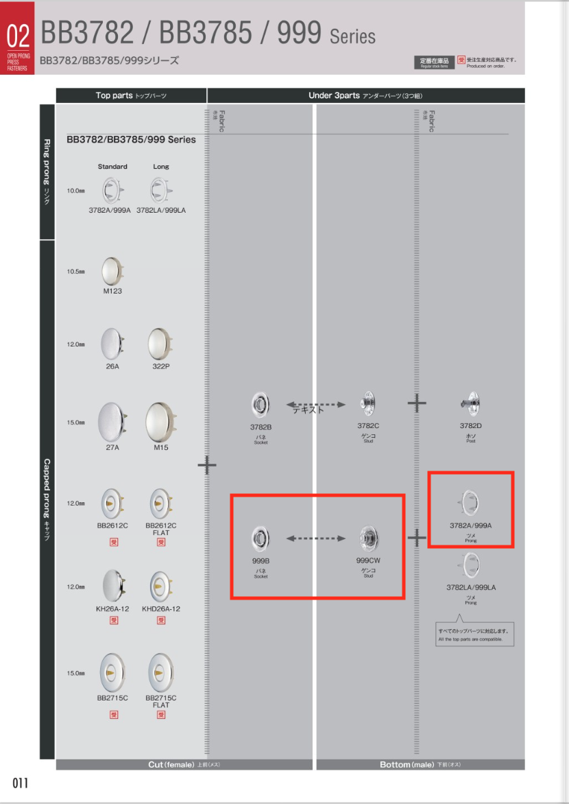 999-B/CW/A Vải Dệt Kim đan Loại Tiêu Chuẩn Bên Dưới Các Bộ Phận (Bộ Lò Xo/ Mũ đinh/móng Vuốt)[Cúc Bấm 4 Thành Phần/ Mắt Cáo Eyelet] Morito(MORITO)