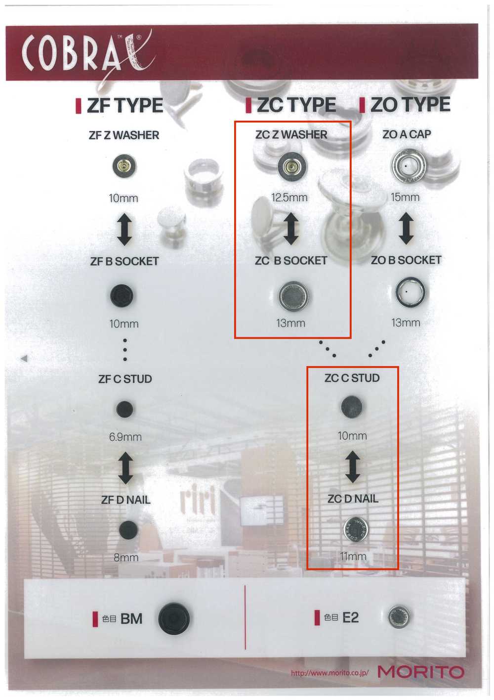 ZC-Z/B/C/D COBRAX® ZC 4SET (đế Trang Trí/ổ Cắm/đinh Tán/cột)[Cúc Bấm 4 Thành Phần/ Mắt Cáo Eyelet] Morito(MORITO)