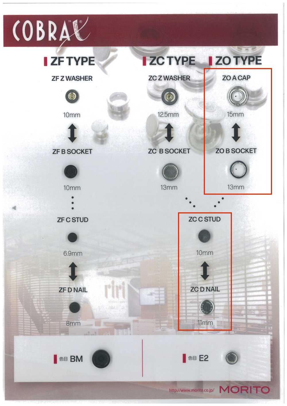 ZO-A/B/C/D COBRAX® ZO 4SET (NẮP/Ổ CẮM/ĐIỀU CHỐT/CỐC)[Cúc Bấm 4 Thành Phần/ Mắt Cáo Eyelet] Morito(MORITO)