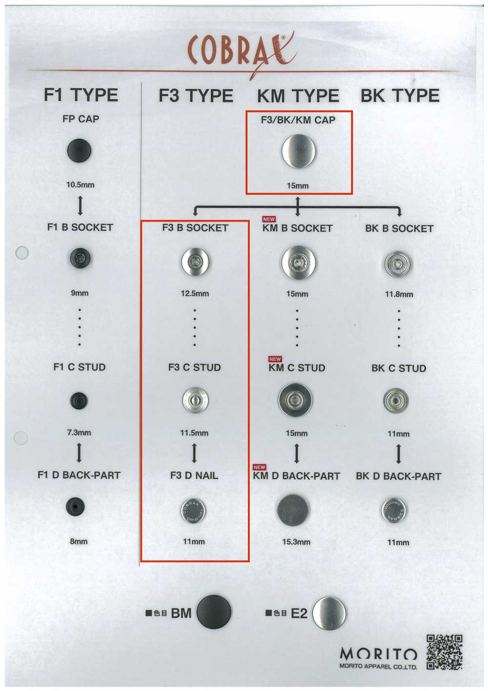 F3-A/B/C/D COBRAX® F3 4SET (NẮP/Ổ CẮM/ĐIỀU CHỐT/CỐC)[Cúc Bấm 4 Thành Phần/ Mắt Cáo Eyelet] Morito(MORITO)