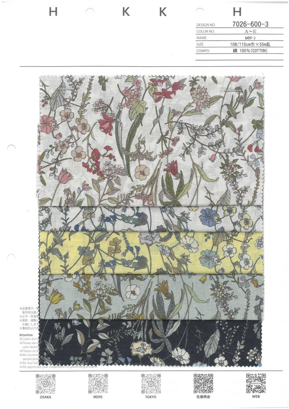 7026-600-3 60 Vải Cotton Lawn Hoa Cỏ Hokkoh