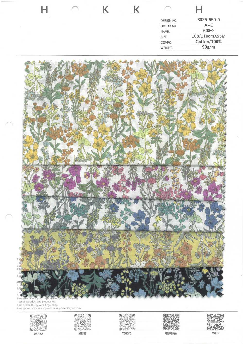 3026-650-9 60 Hoa Cỏ Vải Cotton Lawn Hokkoh
