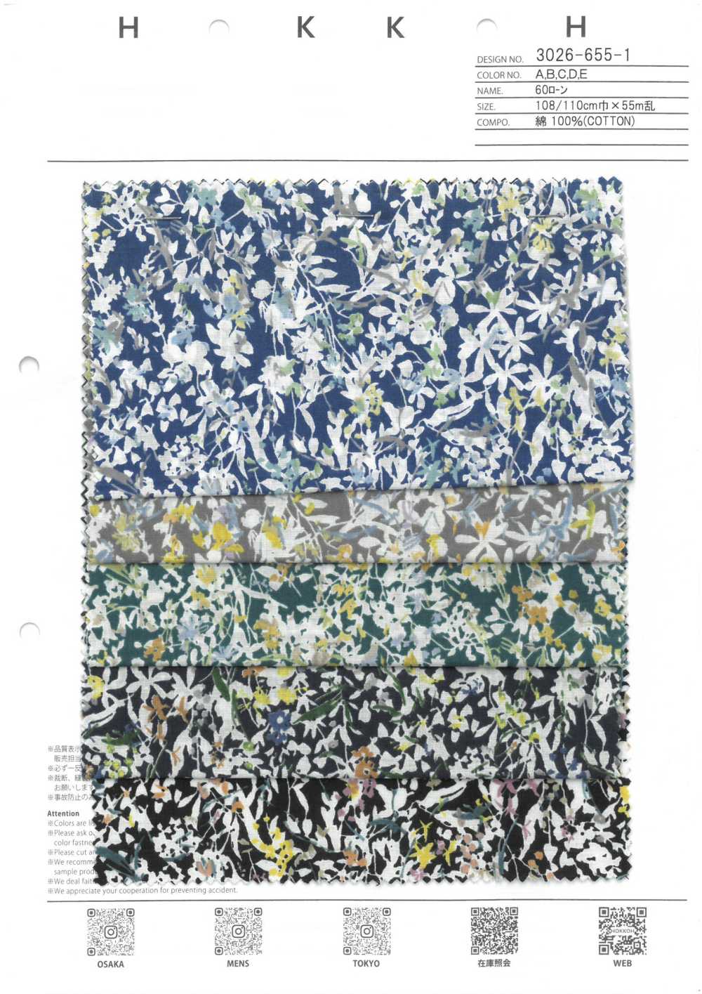 3026-655-1 60 Hoa Vải Cotton Lawn Hokkoh