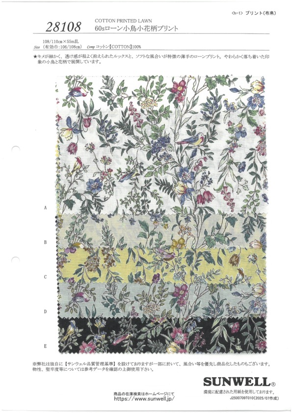 28108 60 Họa Tiết Chim Và Hoa Nhỏ Chỉ Vải Cotton Lawn SUNWELL