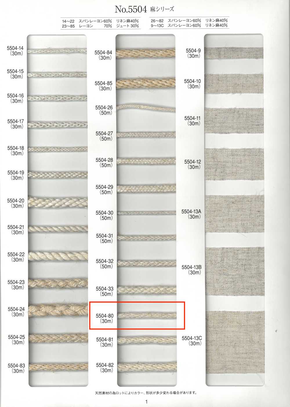 5504-80 Dây Tròn Sợi Gai Series Kongouchi[Ruy Băng, Băng, Dây] RIVER