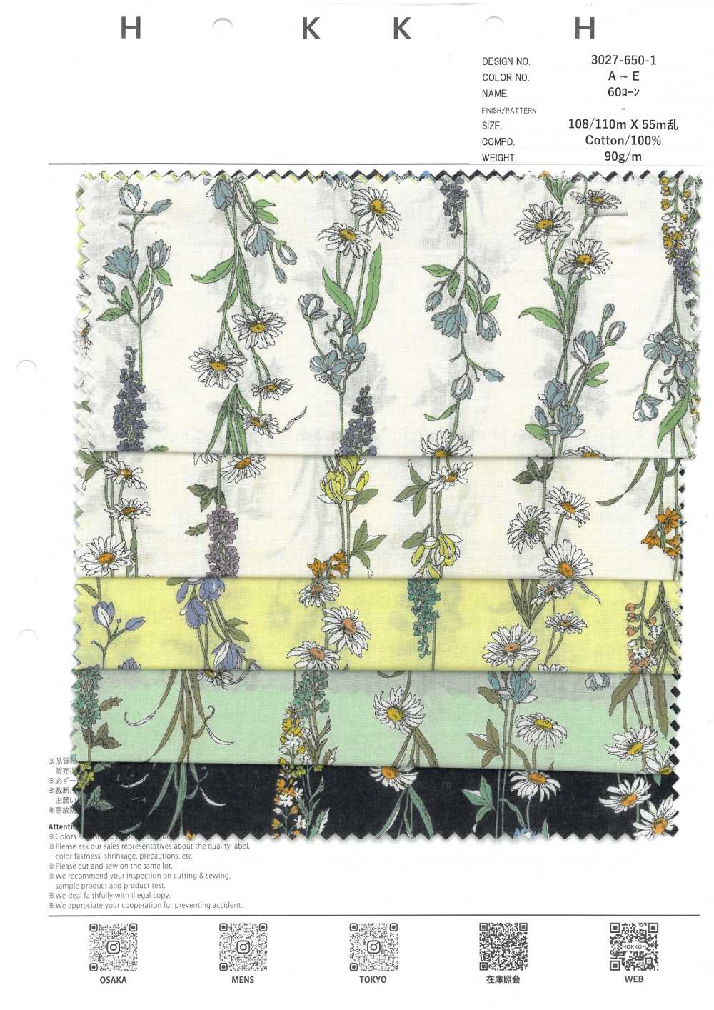 3027-650-1 60 Vải Cotton Lawn Hoa Kẻ Sọc Hokkoh