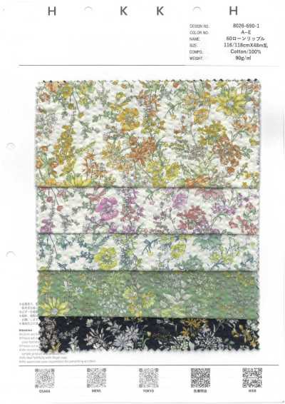 8026-690-1 Vải Cotton Lawn 60 Ripple, Hoa Chỉ
