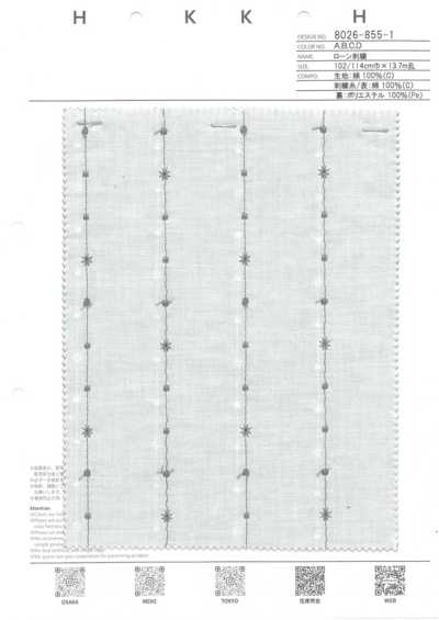 8026-855-1 Vải Cotton Lawn Thêu Kẻ Sọc Hoa Nhỏ
