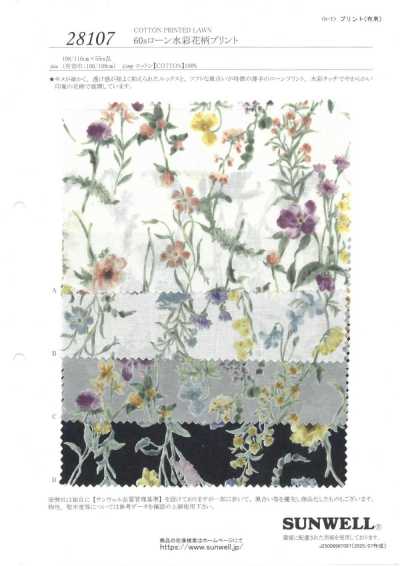 28107 Vải cotton lawn 60s in hoa họa tiết màu nước