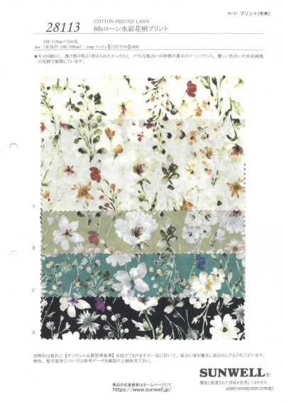 28113 Vải cotton lawn 60s in họa tiết hoa màu nước