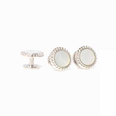 A-3-S Nút bấm bằng bạc nguyên chất, xà cừ trắng, màu bạc, hình tròn