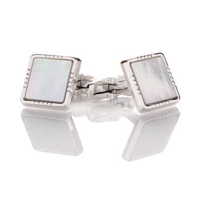 P-3 Khuy măng sét bạc nguyên chất, xà cừ trắng, kiểu vuông màu bạc