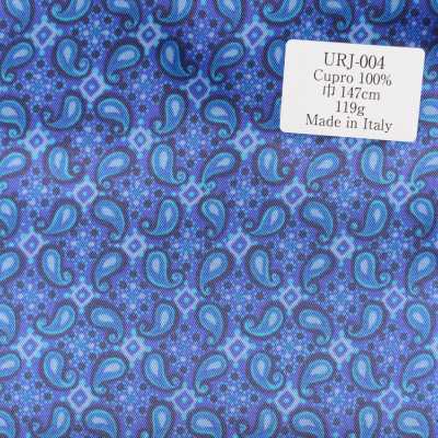URJ-004 Lớp lót in 100% cupro, sản xuất tại Ý, họa tiết paisley màu xanh nhạt