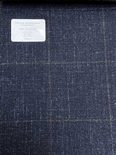 56CN5231 CANONICO Vải may vest cao cấp wool, silk & linen xanh navy/nâu họa tiết ô cửa sổ