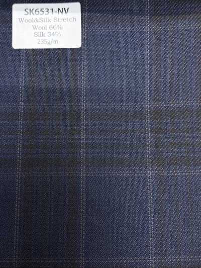 SK6531-NV Vải lụa len co giãn nội địa Nhật, xanh navy, kẻ caro
