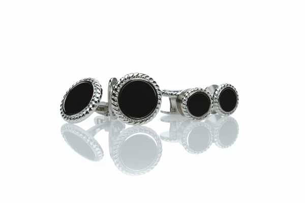 A-1 Bộ khuy măng sét & nút cài áo trang trọng bằng bạc nguyên chất Onyx, màu bạc, dạng tròn