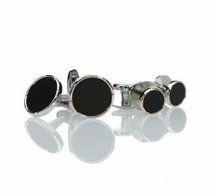 CB-1 Bộ khuy măng sét & khuy cài trang trọng Onyx, vàng & bạc, dạng tròn