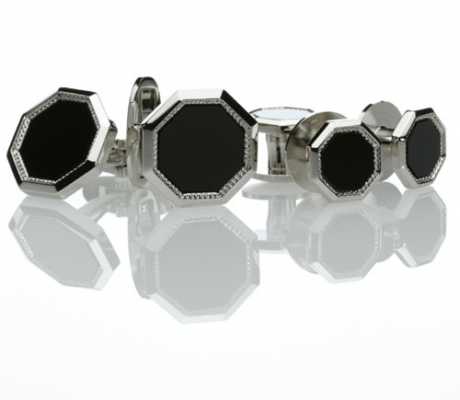 G-1 Bộ khuy măng sét & nút áo formal Onyx bạc hình bát giác