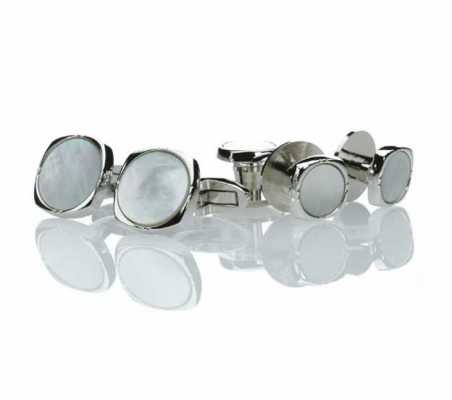 K-3 Bộ cúc măng sét và khuy áo trang trọng bằng bạc nguyên chất, xà cừ trắng, hình vuông bo tròn màu bạc