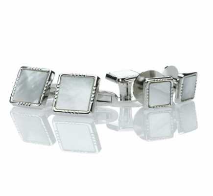 P-3 Bộ khuy măng sét & nút cài trang trọng bằng bạc nguyên chất, ngọc trai trắng, dạng vuông màu bạc