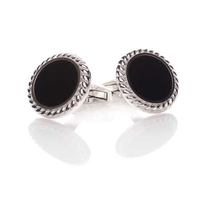 A-1-C Khuy măng sét formal bằng bạc nguyên chất Onyx, màu bạc, hình tròn